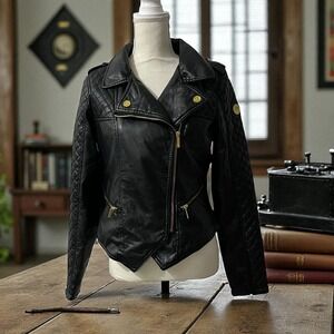 Coogi Moto Jacket, Quilted Shoulder, Gold Hardware, Black Faux Leather, Size M